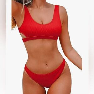 Brand New! Never worn. CUPSHE bikini, size medium, emerald red cut out design.